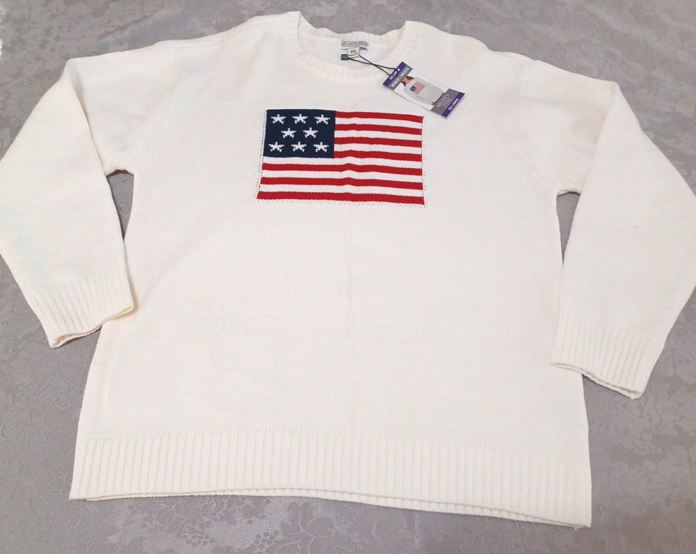 Mighty Fine US Flag Women Sz XXL 2XL Sweater Cream Crew Pullover